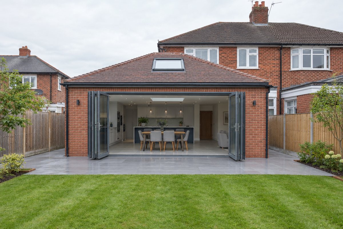 Finished: bi-folds, patio, lawn