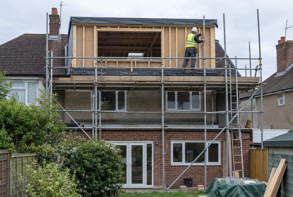 Rear dormer framed on the scaffold